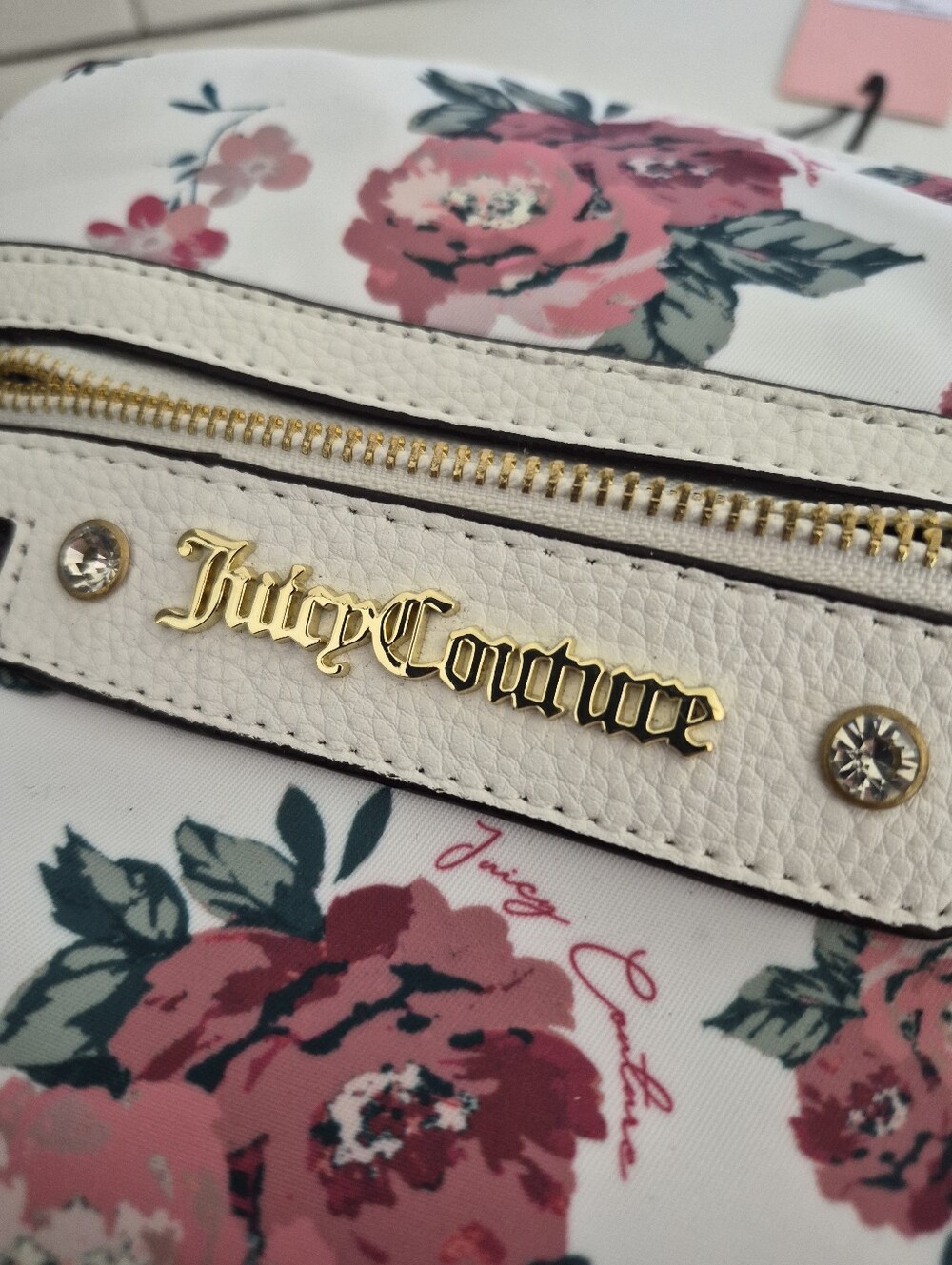 New- Juicy Couture- White/Red Roses Jeweled Medium Backpack Floral Backpack - Picture 9 of 9